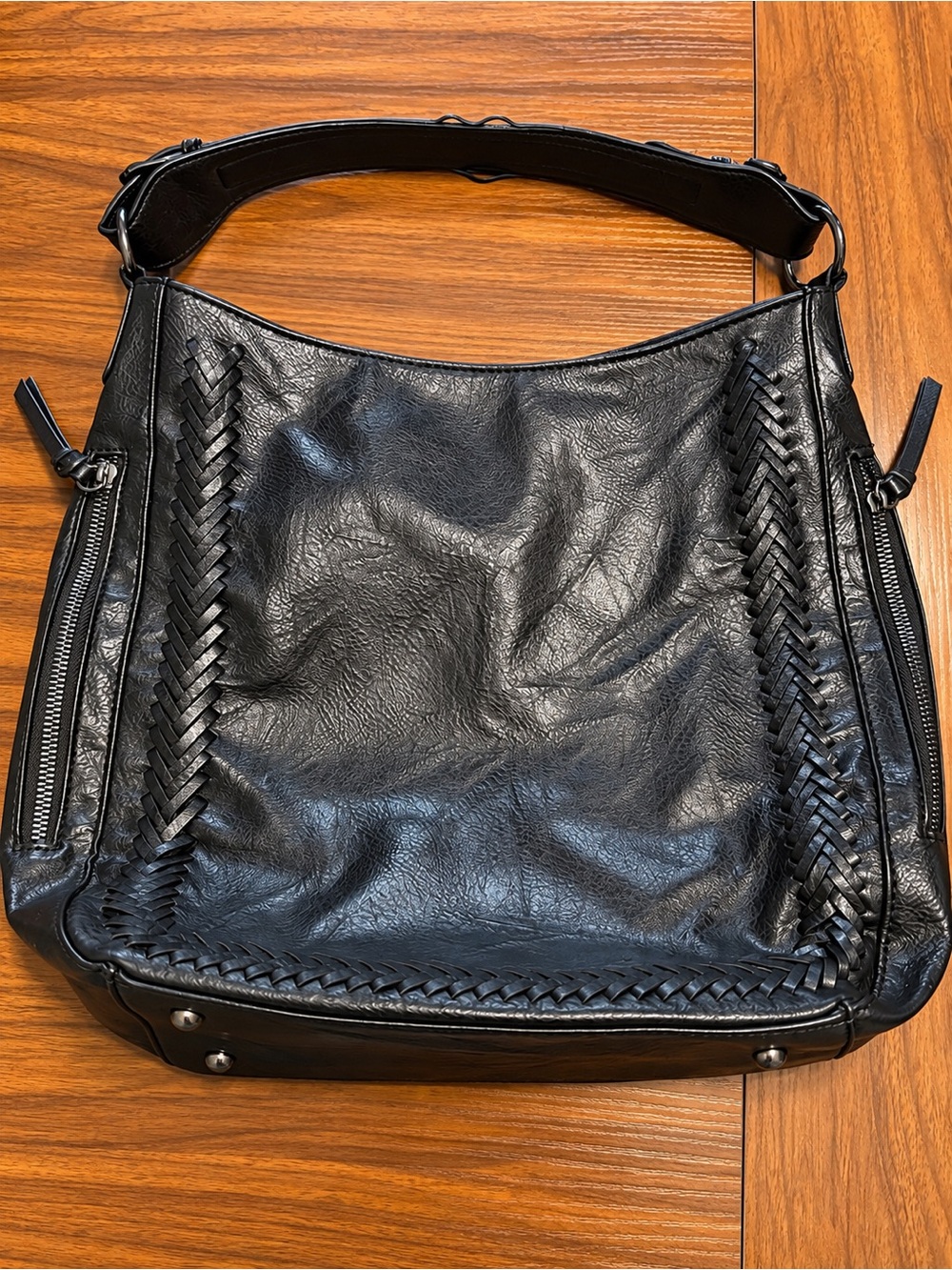 Black Slouchy Hobo Shoulder Bag Braided Woven Detail Side Zip Pockets